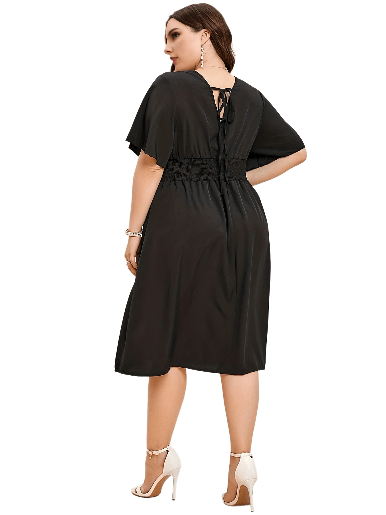  Casual Midi Dress Surplice Neck Shirred Waist Tie Back