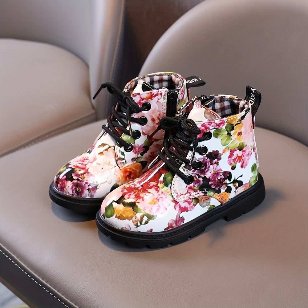 Girls Flower Print Ankle Boots Outdoor Shoes For Toddler