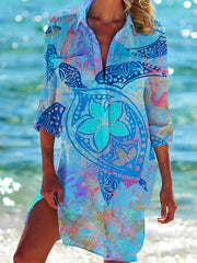  Abstract Print Button Up Long Sleeve Shirt Dress