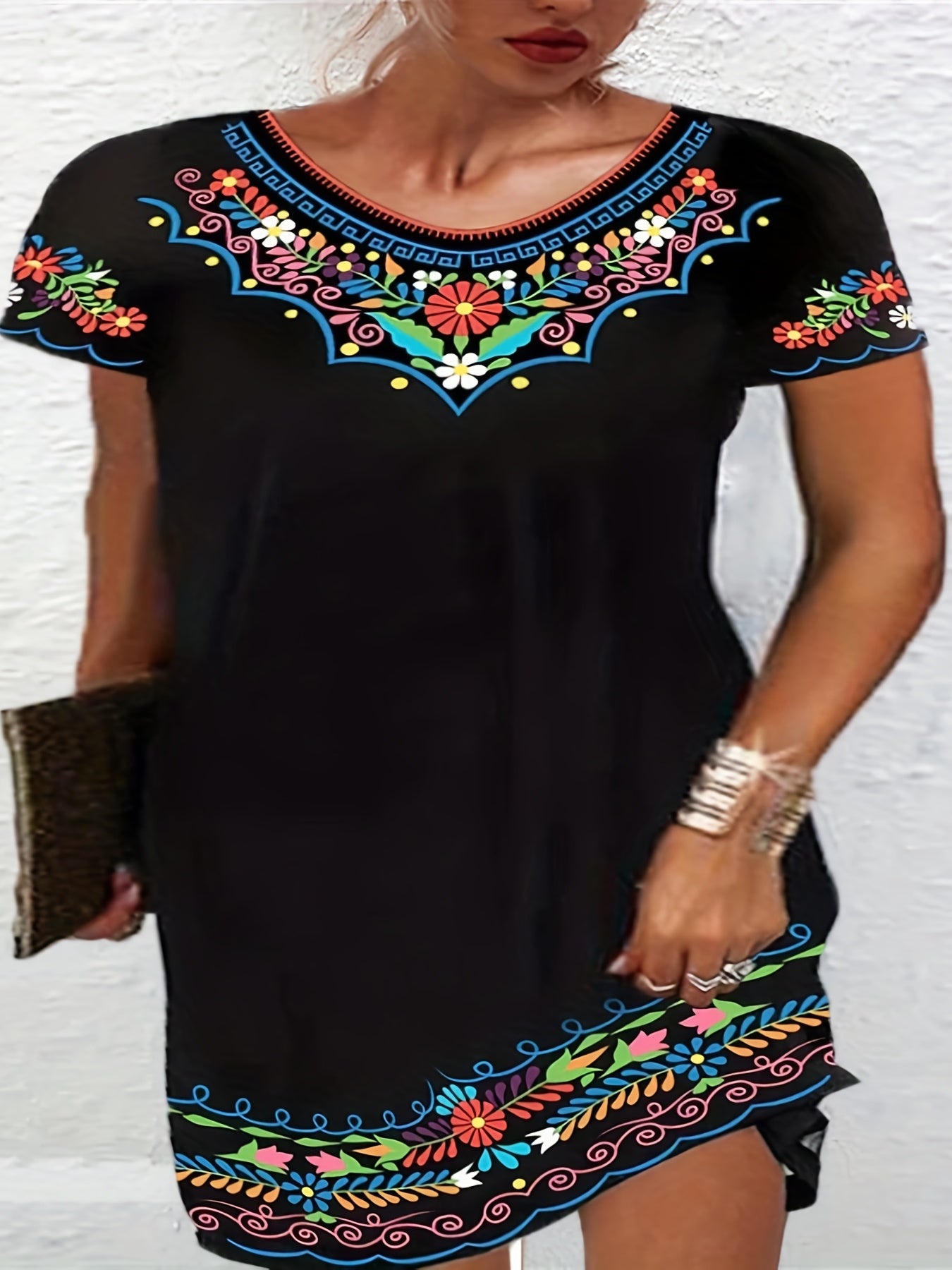  Boho Dress Women's Plus Floral Print Short Sleeve Dress