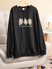  Slogan & Ghost Print Long Sleeve Pajama Top