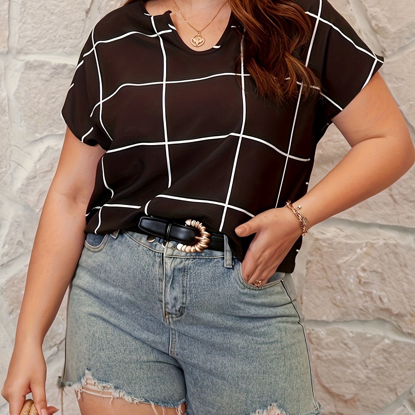  Grid Print Short Sleeve Blouse