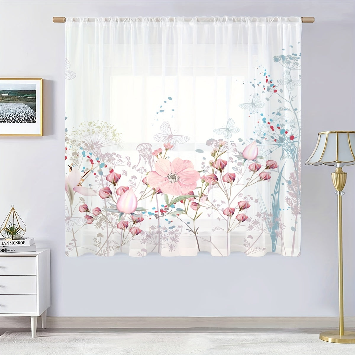 Pink Floral Butterfly Voile Curtain Rod Pocket Semi Sheer for Living Room Bedroo