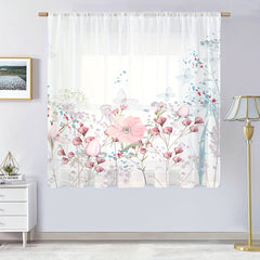 Pink Floral Butterfly Voile Curtain Rod Pocket Semi Sheer for Living Room Bedroo