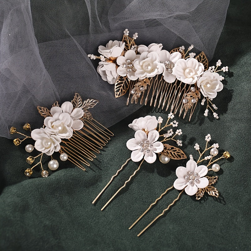 Bridal Hair Comb Pearl Crystal Flower Side Comb Pin