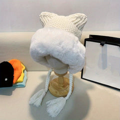 Warm Knit Beanie with Cat Ears and Tassels