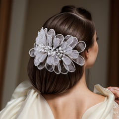 Faux Pearl & Tulle Leaf Floral Lace Headpiece for Weddings