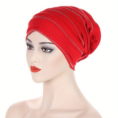 Pleated Satin Turban Cap Rhinestone Decor Head Wraps Elastic Hijab Hats