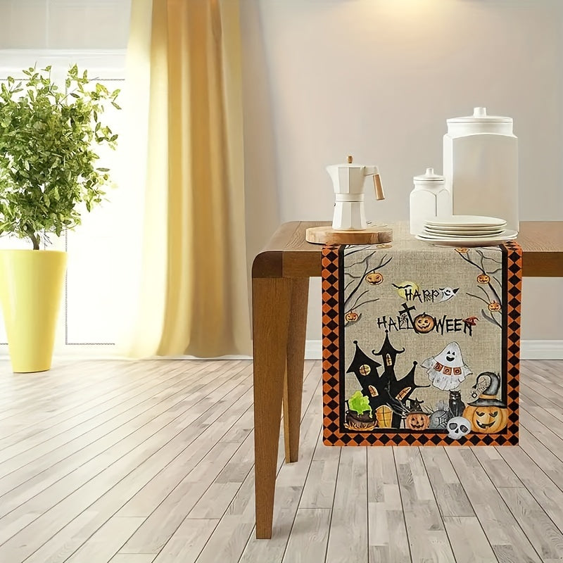 Polyester Table Runner Spooky Halloween Vintage Plaid Cat Skull Jack o' lantern