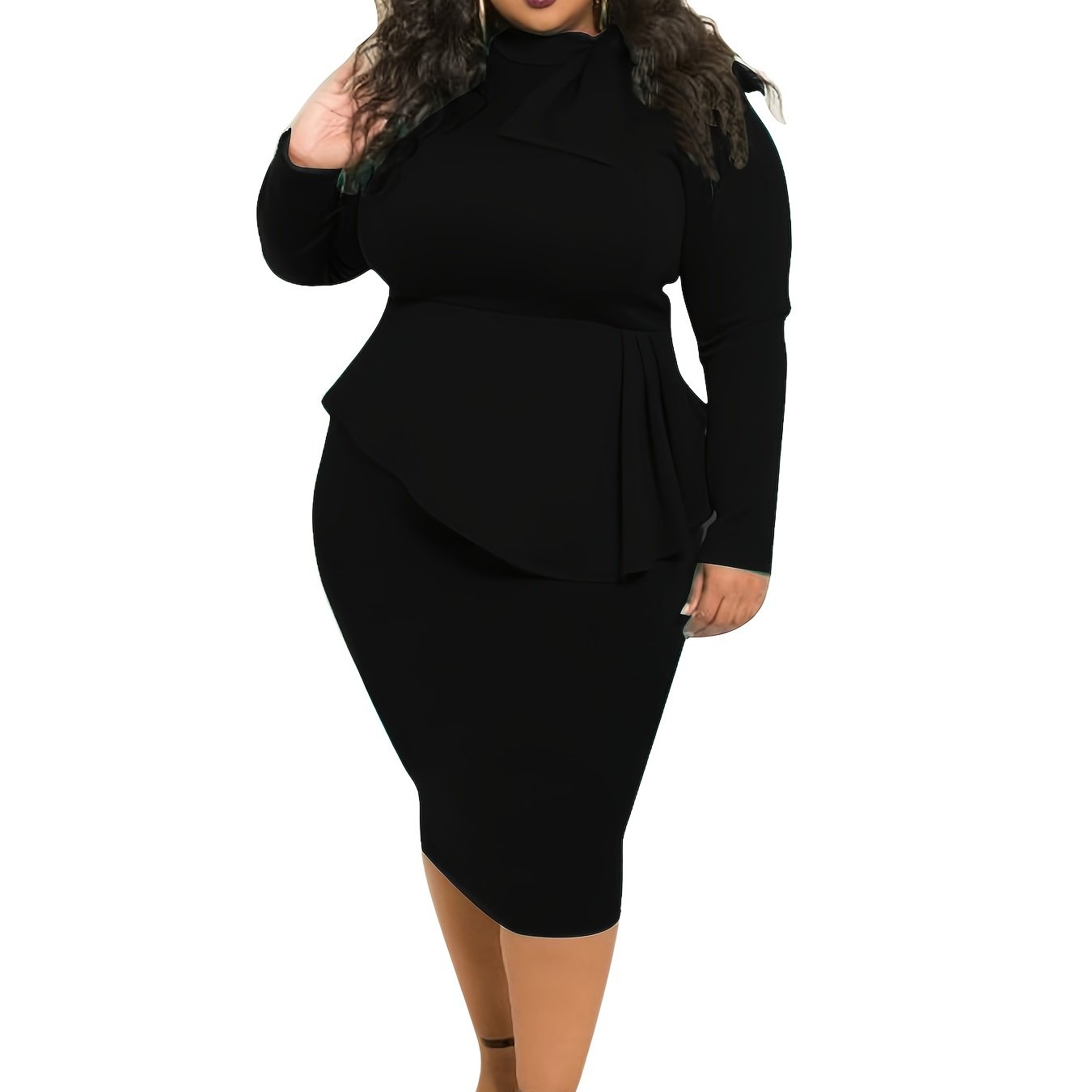  Solid Knot Long Sleeve Midi Dress Women's Plus Dress