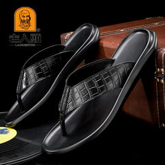 LAORENTOU Men's Leather Plaid Flip Flops Arch Support Thong Sandals