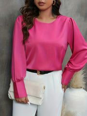  Solid Long Sleeve Round Neck Button Decor Blouse