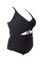  Lace Ruched Cut Out One Piece Swimsuit