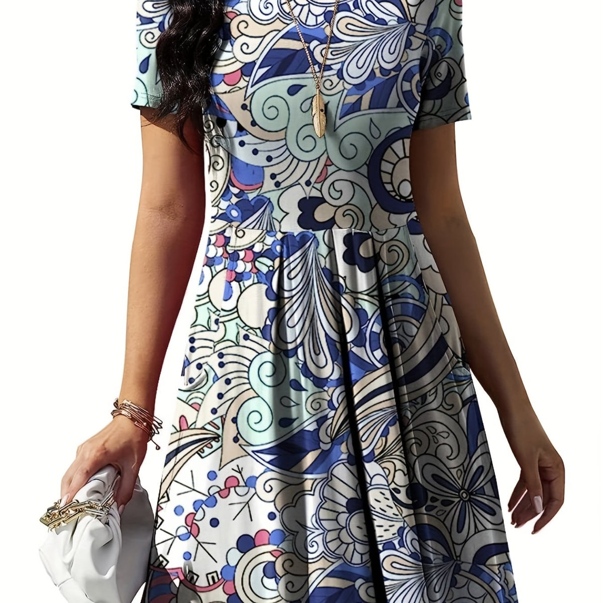  Floral Print Short Sleeve Boho Dress