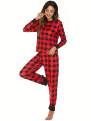 Plaid Christmas Lounge Set Long Sleeve Top & Pants Women's Loungewear