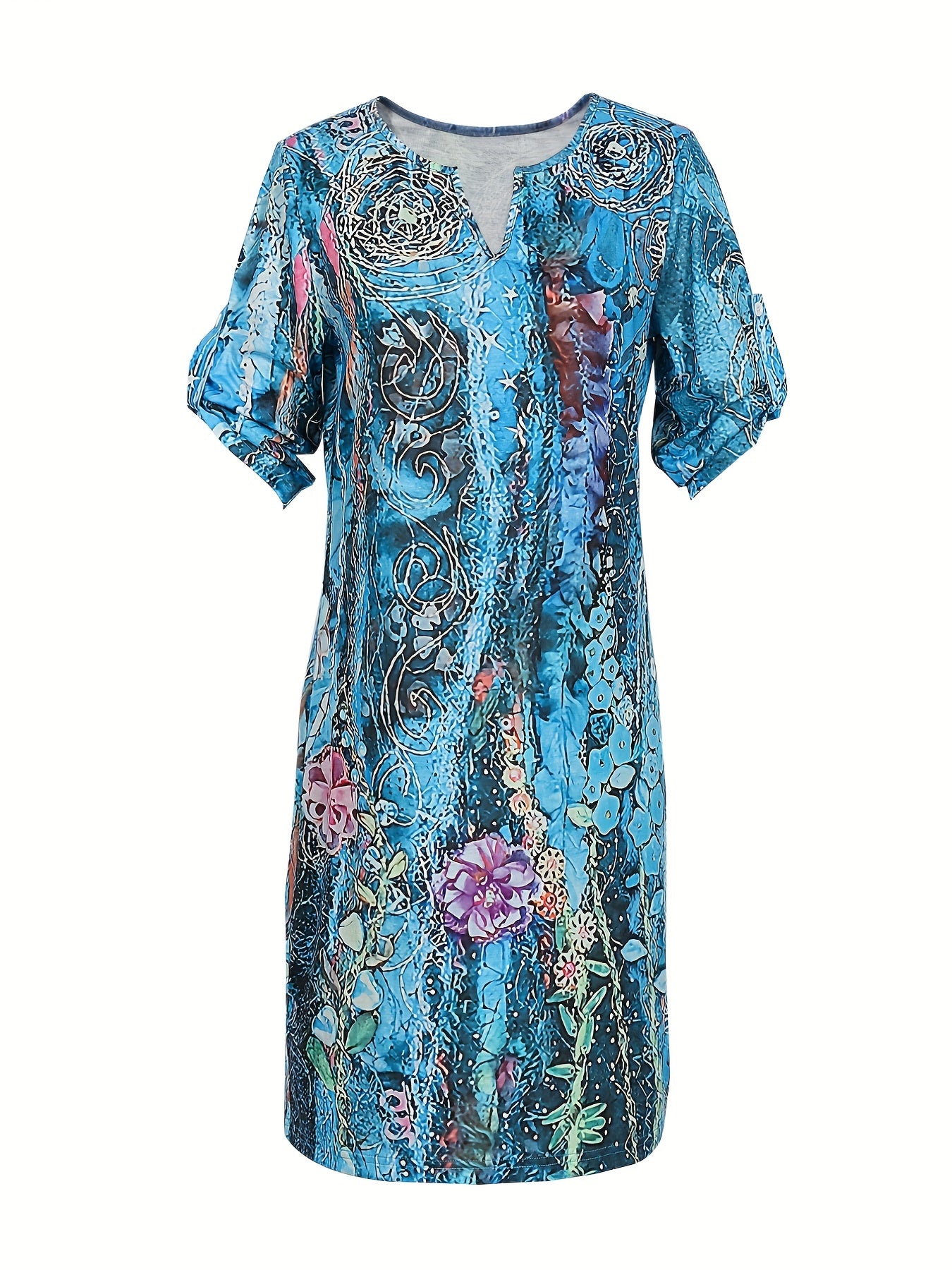  Casual Dress Women's Plus Painting Print Roll Up Sleeve Dress