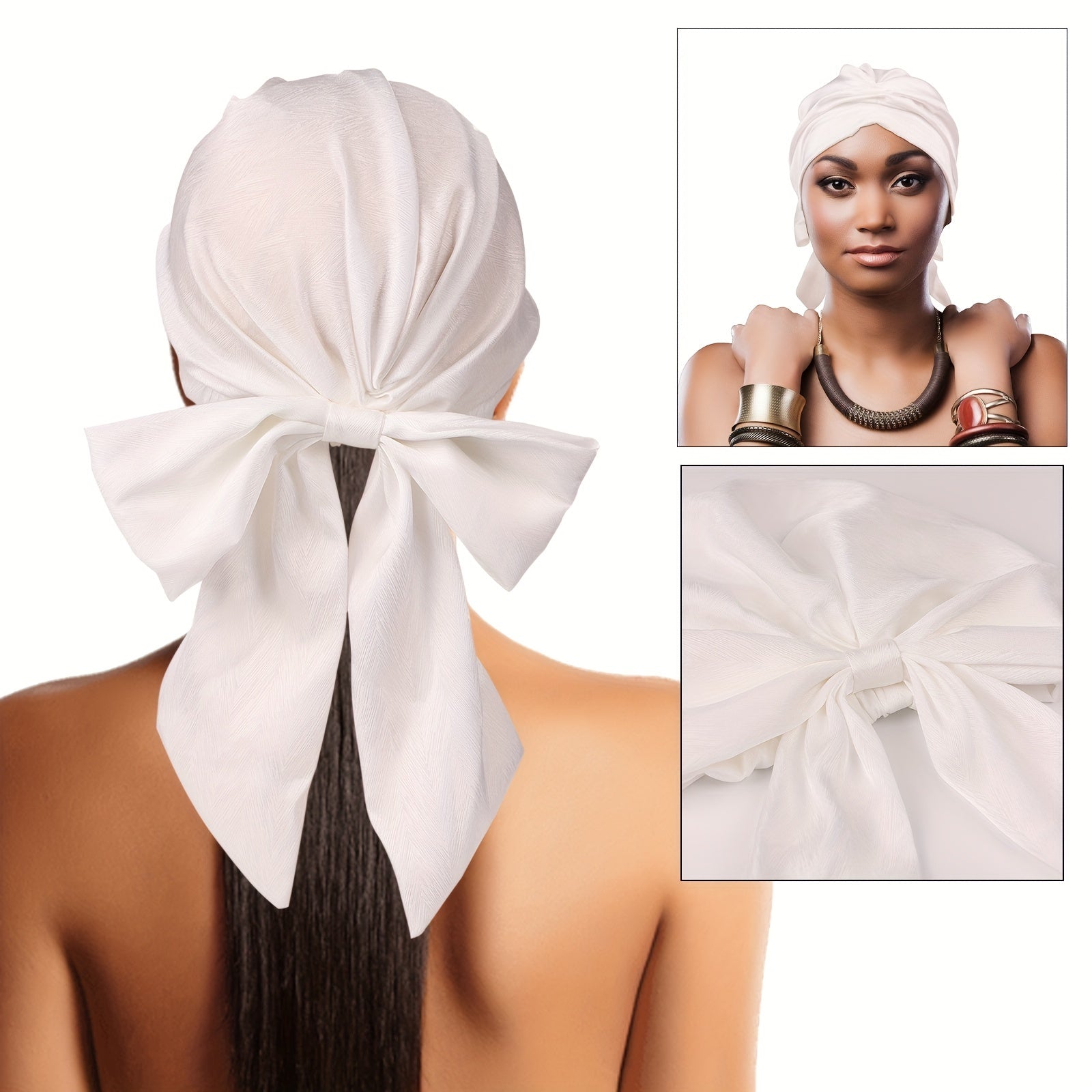 Satin Bowknot Head Scarf Elastic Turban Pleated Head Wraps