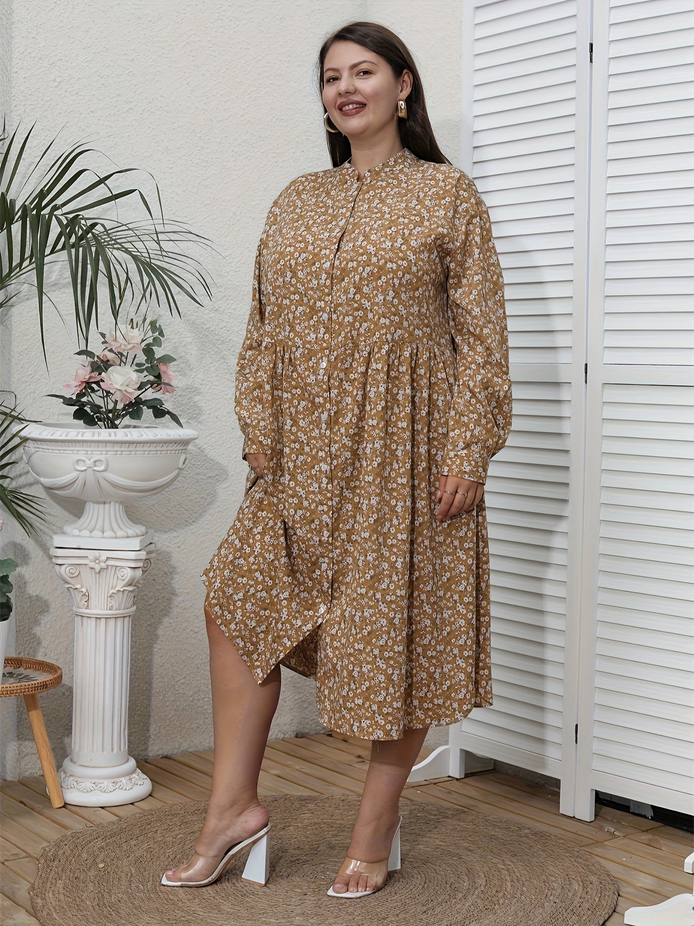  Floral Print Long Sleeve Shirt Dress