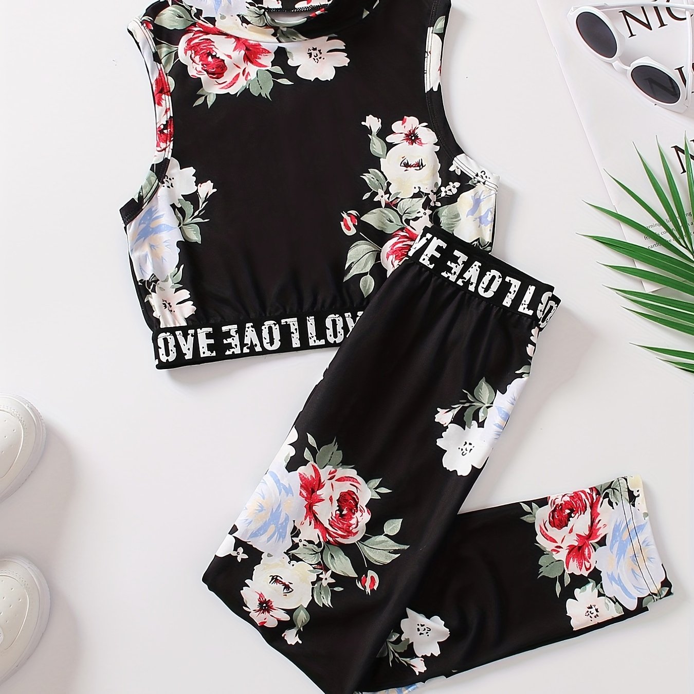 Girl's Boho Tropical Print Tank Top & Pants Set