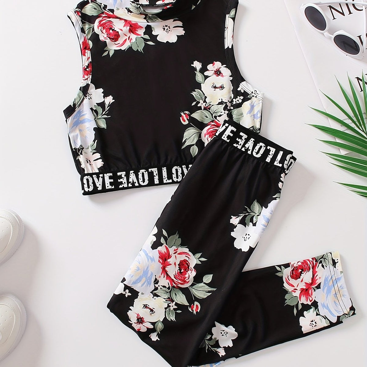 Girl's Boho Tropical Print Tank Top & Pants Set