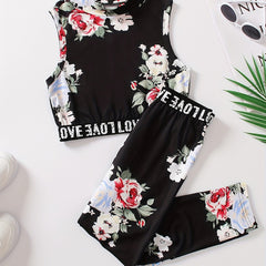 Girl's Boho Tropical Print Tank Top & Pants Set