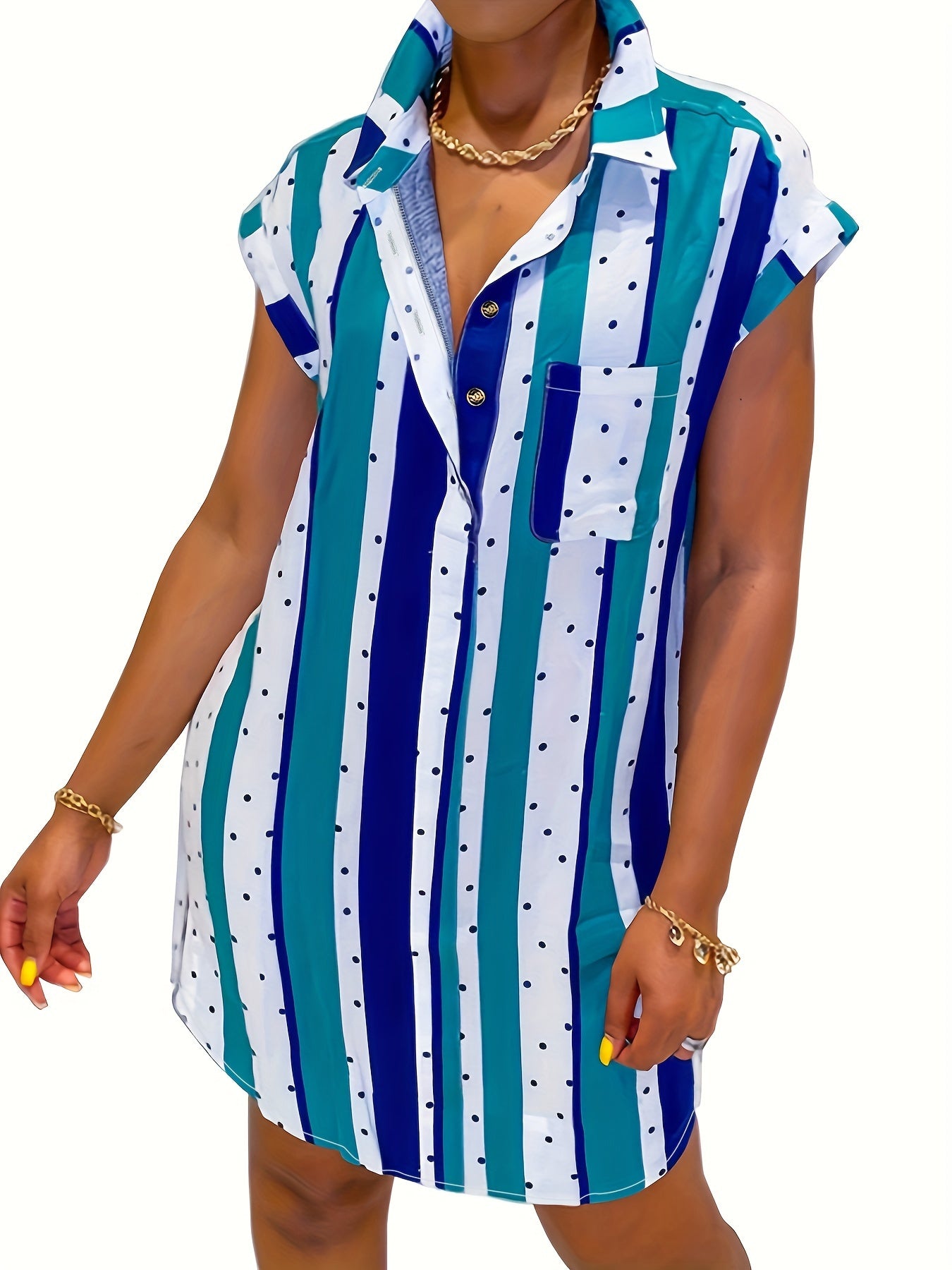  Polka Dot & Stripe Print Shirt Dress