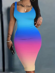  Colorblock Ombre Print Tank Dress