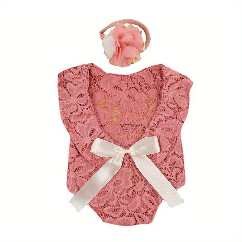 2pcs Baby Hollow Bow Red Lace Photography Clothing Set