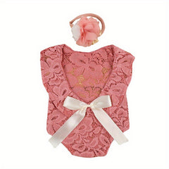 2pcs Baby Hollow Bow Red Lace Photography Clothing Set