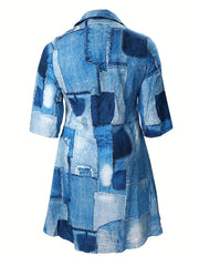  Denim Print Long Sleeve Dress