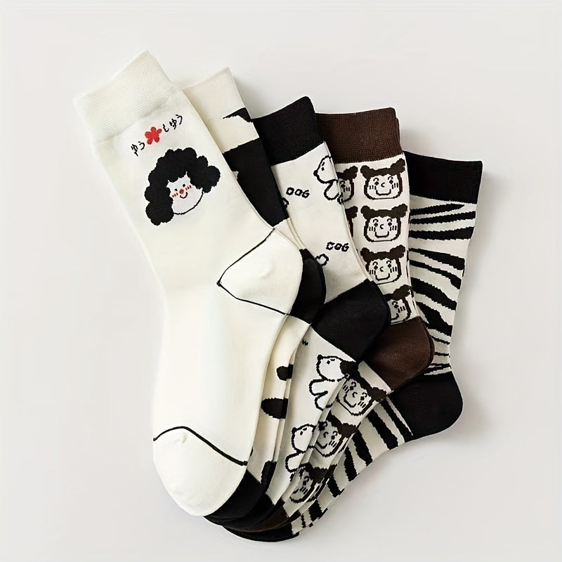 5 Pairs Cartoon Print Socks Comfy & Mid Tube Socks Women's Stockings