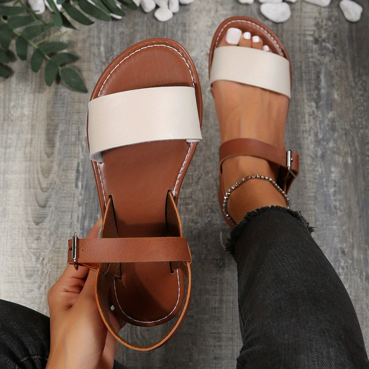 Women's Ankle Strap Flat Sandals Open Toe Faux Leather Casual Beach Shoes