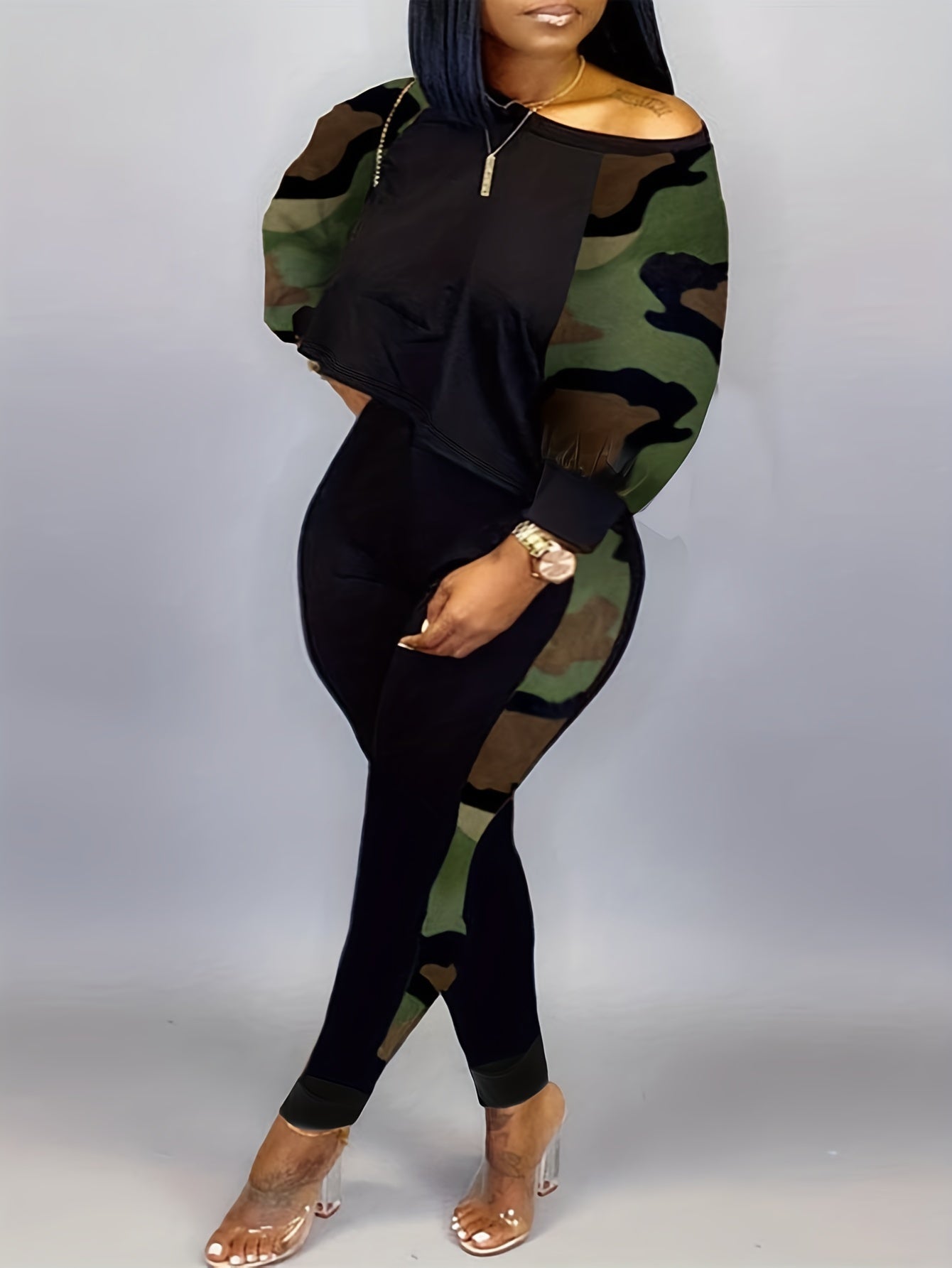  Colorblock Camo Print One Shoulder Top & Pants Set