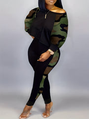  Colorblock Camo Print One Shoulder Top & Pants Set