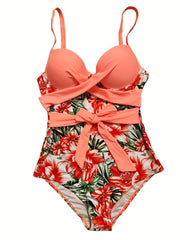  Boho Swimsuit Women's Tropical Print One Piece Bathing Suit