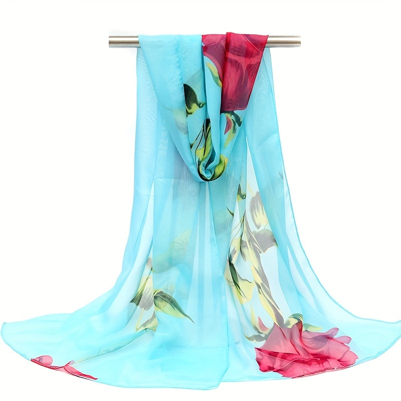 Rose Print Chiffon Scarf Thin Shawl Hijab Sunscreen Towel