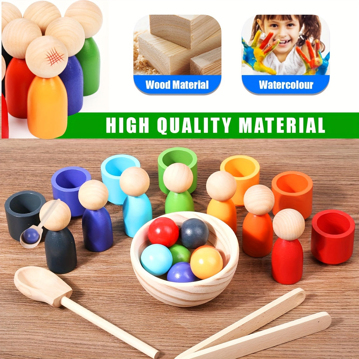 Rainbow Wooden Sorter Toy with Cups Sorting & Fine Motor Skills Development Game