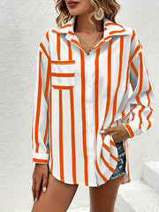  Striped Print Long Sleeve Button Up Shirt Top With Pockets