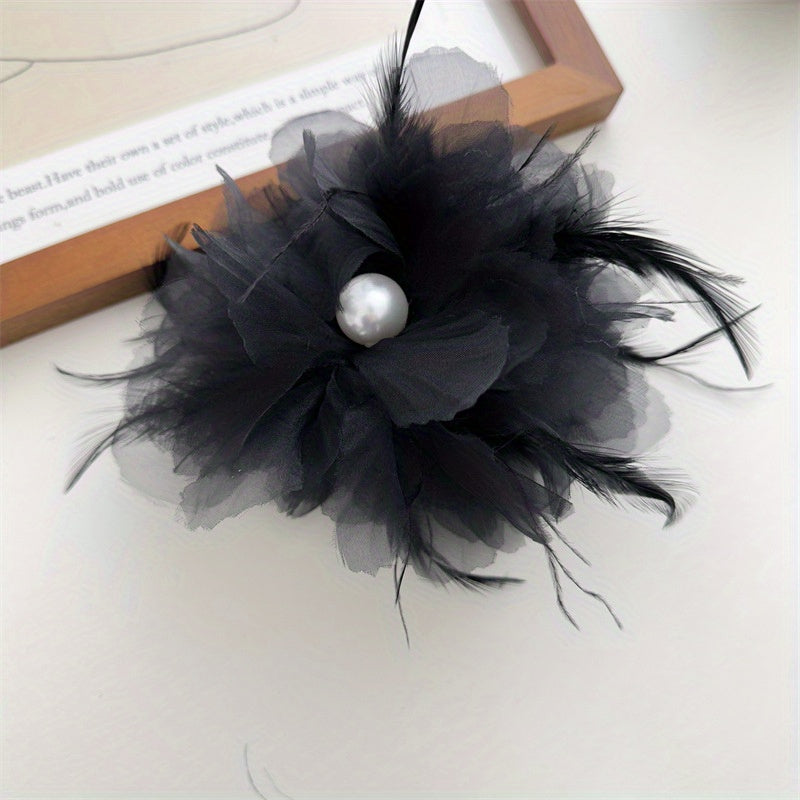 Large Yarn Hair Claw Clip with Faux Pearl and Simulation Feather