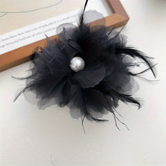Large Yarn Hair Claw Clip with Faux Pearl and Simulation Feather