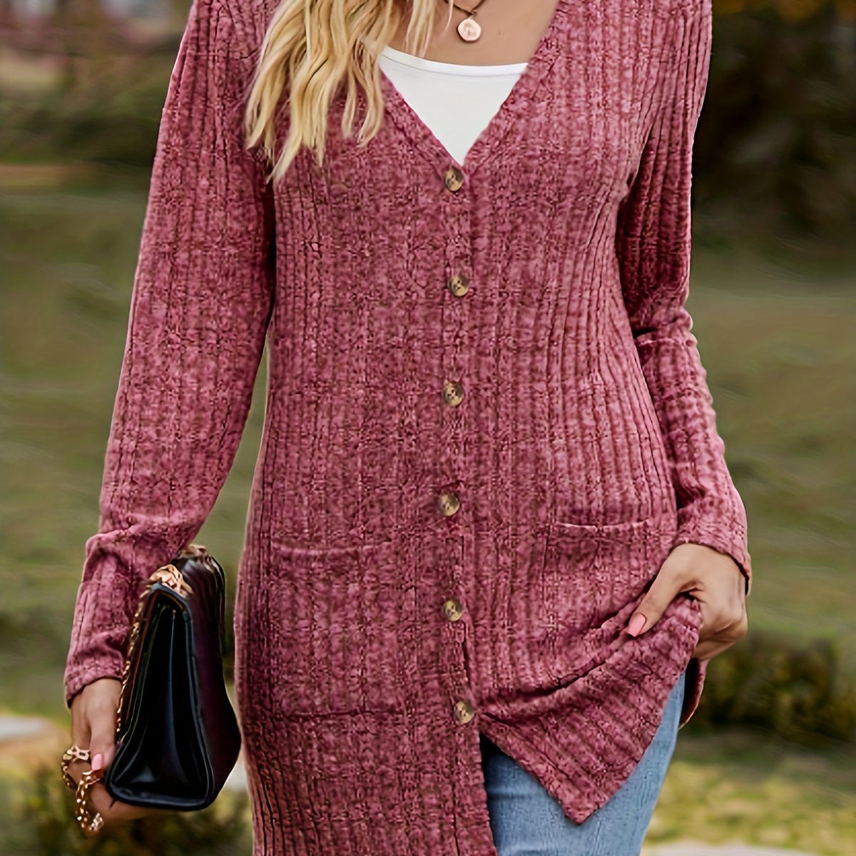  Solid Ribbed Button Up Cardigan with Pockets