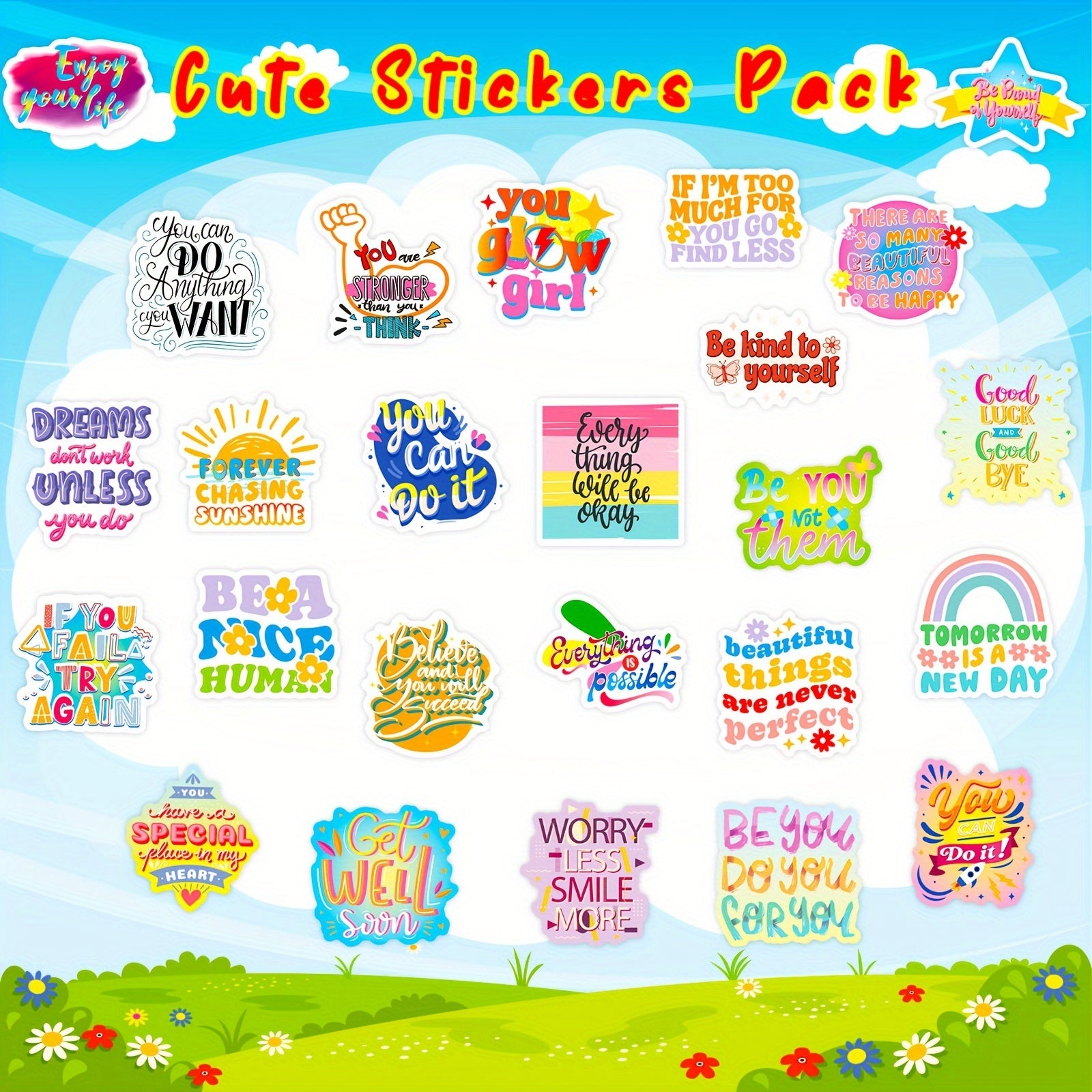 200 Inspirational Stickers Floral Designs Waterproof Positive Messages