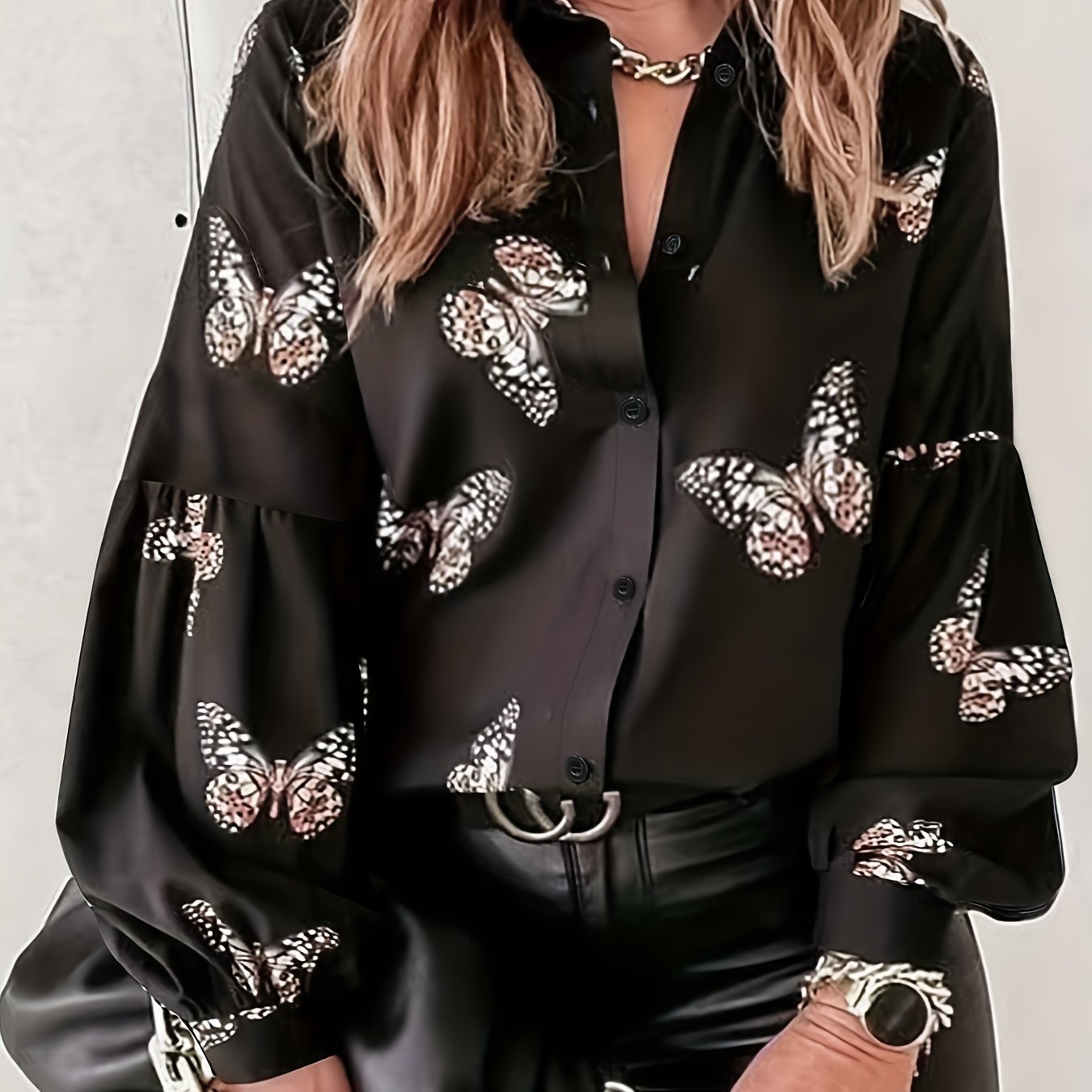  Butterfly Print Lantern Sleeve Button Up Shirt