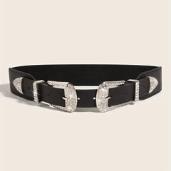 Western Belt Rhinestone Inlaid Buckle PU Leather Elastic Wide Girdle