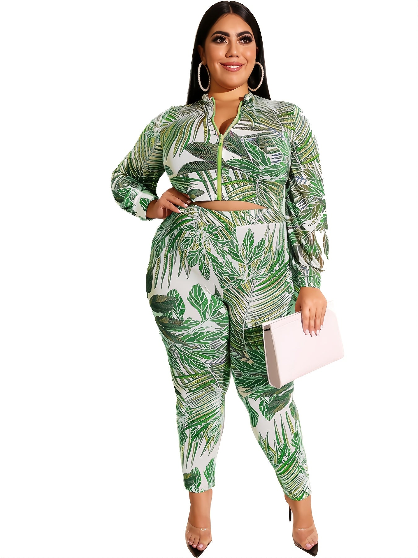  Tropical Print Zipper Front Jacket & Legging Set