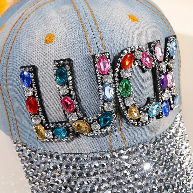 Distressed Denim Dad Hat with Rhinestone LUCK Patch