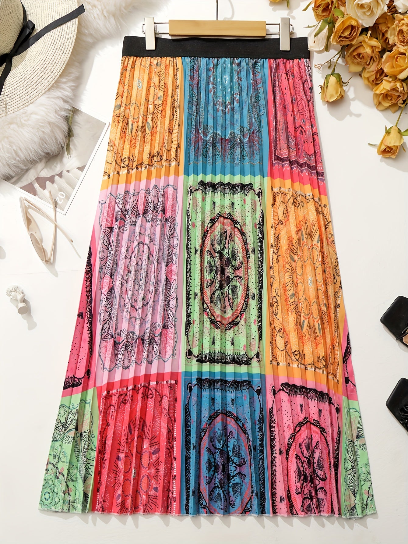 Patchwork Print Elastic High Rise Pleated Maxi Skirt