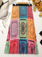  Patchwork Print Elastic High Rise Pleated Maxi Skirt