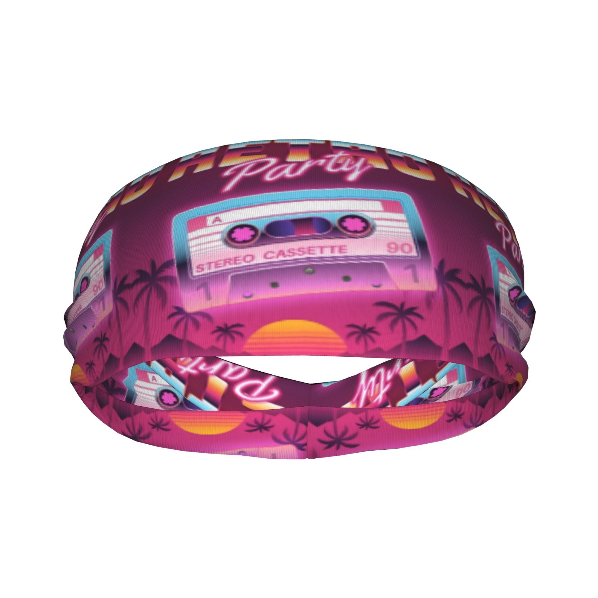 Retro Neon Sports Headband - Cassette Tape & Palm Tree Design