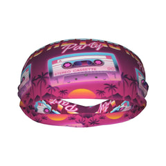 Retro Neon Sports Headband - Cassette Tape & Palm Tree Design